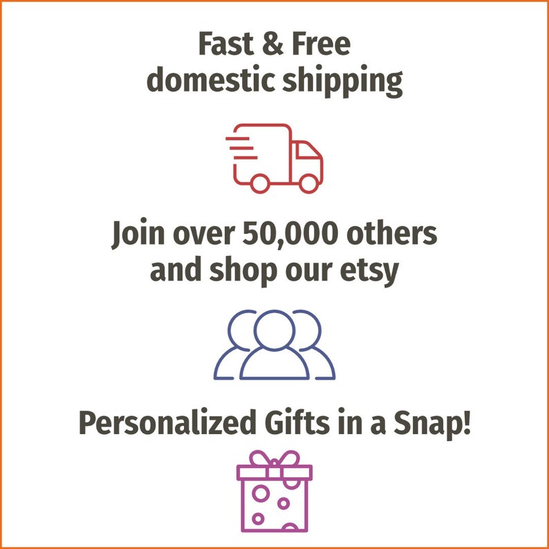 May include: Illustration of a delivery truck, three people, and a gift box with a bow. Text reads: "Fast & Free domestic shipping. Join over 50,000 others and shop our etsy. Personalized Gifts in a Snap!"