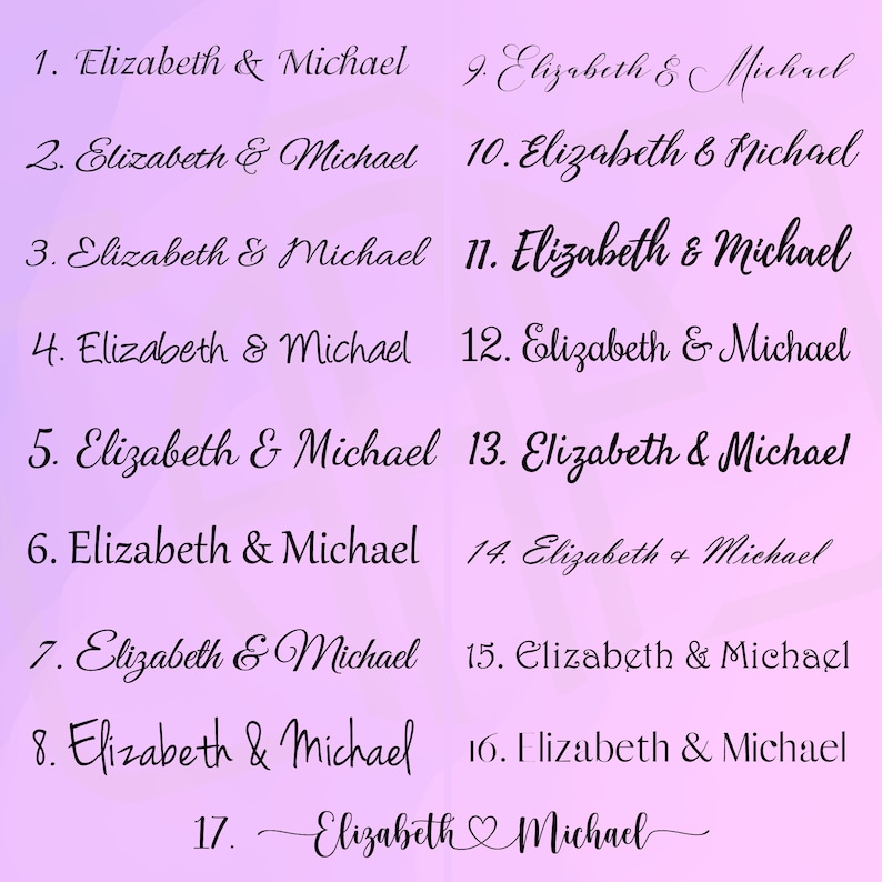 May include: A pink background with 17 lines of text in black. Each line includes a number, followed by the names "Elizabeth & Michael". The last line has a heart symbol between the names.