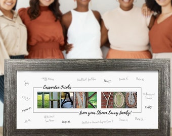 May include: A framed print with a collage of photos spelling out "THANK YOU" with a handwritten message below that reads "from your Stream Sarvy family!"  The print is surrounded by a gray frame and has handwritten messages around the border.
