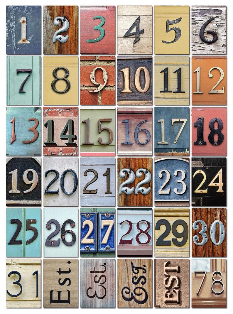 May include: A collage of 36 vintage-style house numbers, each with a unique design and color. The numbers range from 1 to 31, with the last two squares showing the text "Est." and "78".
