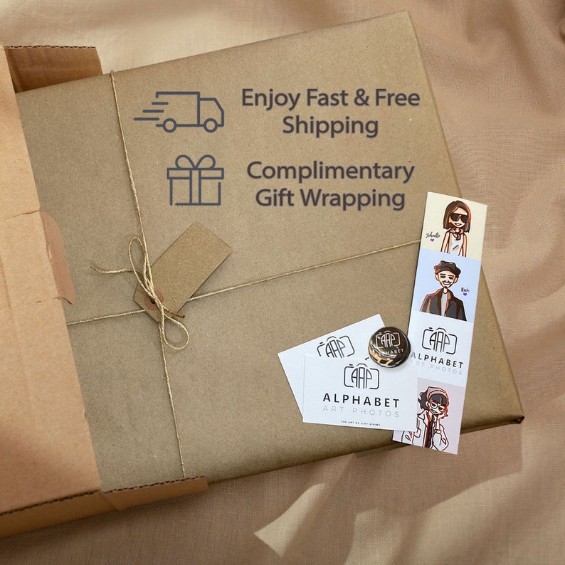 May include: A brown package wrapped in brown paper with twine and a gift tag. The package has a sticker with a truck and the text "Enjoy Fast & Free Shipping". Another sticker has a gift box and the text "Complimentary Gift Wrapping". There are also stickers with the text "Alphabet Art Photos" and a cartoon illustration of a person.