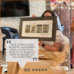 May include: A framed personalized photo gift with the names "Jenue & Bradley" and "Williamsen" and the numbers "8523" in a vintage style. The frame is brown with a white mat. The photo is a collage of different textures and patterns.