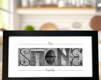 Custom Last Name Alphabet Photography Art: Framed Family Name Sign, Gift for Husband