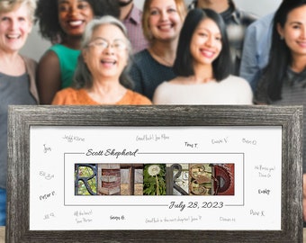 May include: A framed print with a collage of photos spelling out the word "Retired" with the date July 28, 2023. The print is surrounded by a gray frame and has several handwritten messages around the edges.