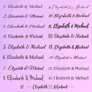 May include: A pink background with 17 lines of text in black. Each line includes a number, followed by the names "Elizabeth & Michael". The last line has a heart symbol between the names.