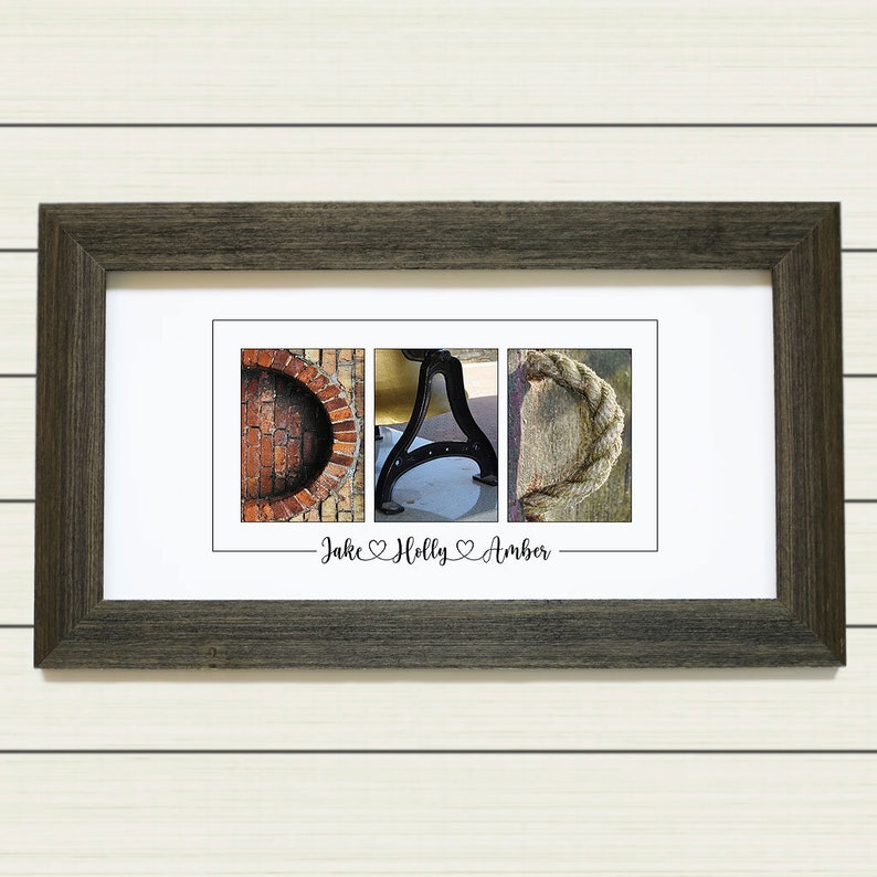 May include: A framed print with the word 'DAD' spelled out using three different images. The first image is a brick wall, the second image is a bell, and the third image is a rope. The first names 'Jake, Holly, Amber' are written below the images.