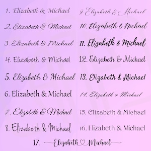 May include: A pink background with 17 lines of text in black. Each line includes a number, followed by the names "Elizabeth & Michael". The last line has a heart symbol between the names.