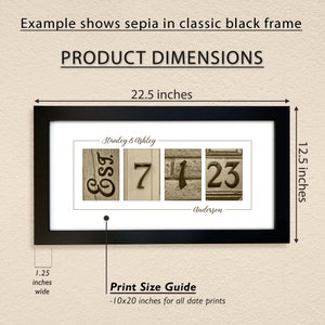 May include: Sepia toned photo of a personalized house number sign in a black frame. The sign features the names "Stanley & Ashley" and the numbers "7 1 23" with the last name "Anderson" below. The frame is 22.5 inches wide and 12.5 inches tall. The print size is 10x20 inches.