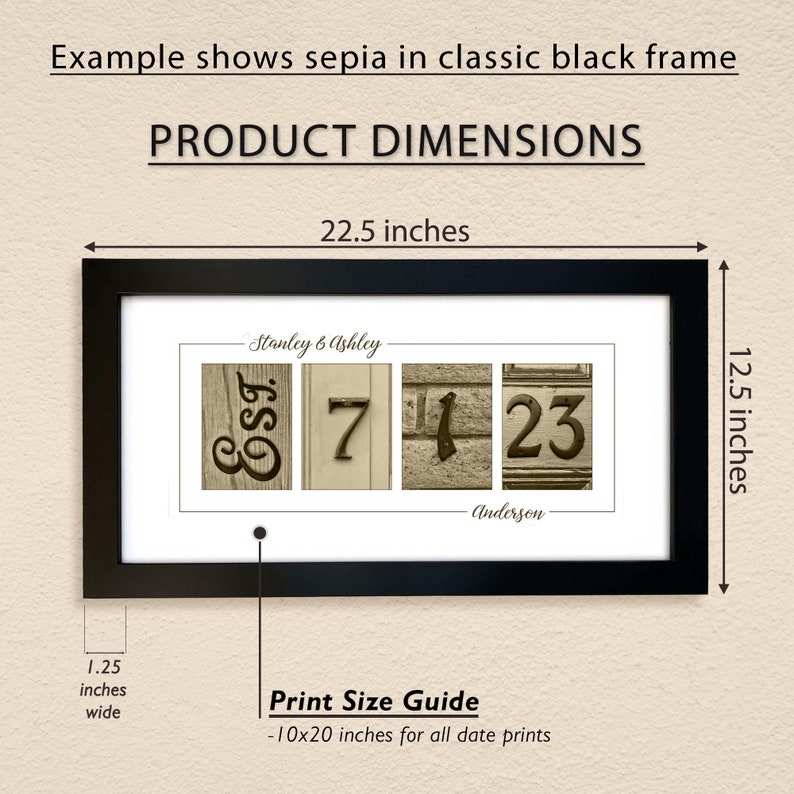May include: Sepia toned photo of a personalized house number sign in a black frame. The sign features the names "Stanley & Ashley" and the numbers "7 1 23" with the last name "Anderson" below. The frame is 22.5 inches wide and 12.5 inches tall. The print size is 10x20 inches.
