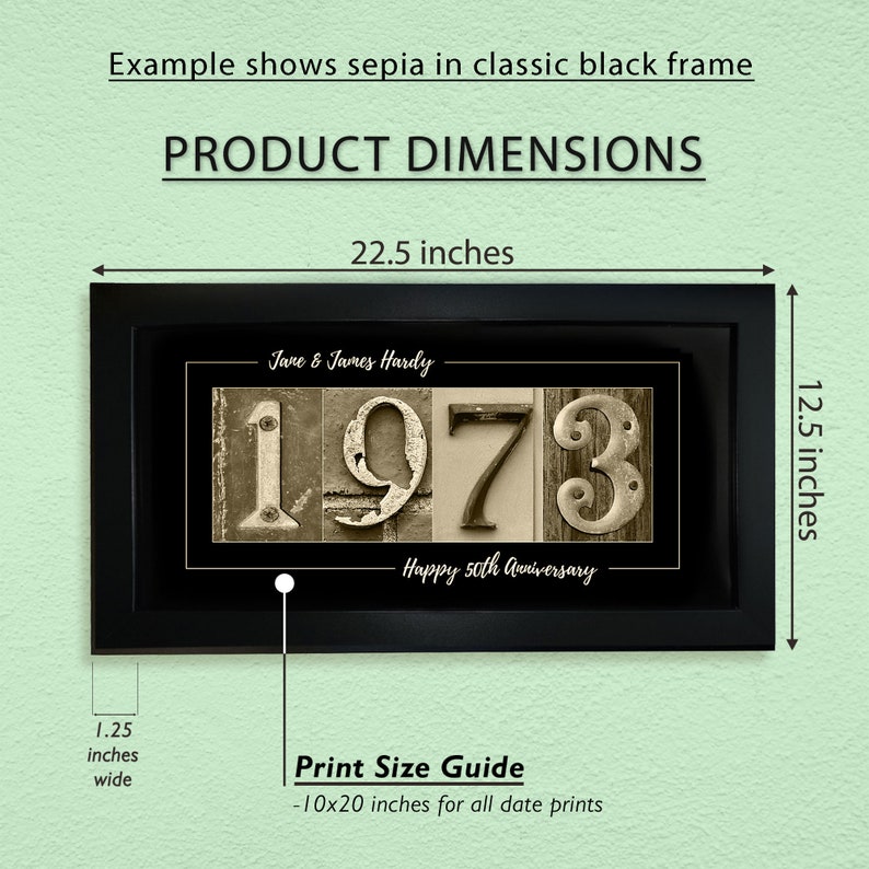 May include: A black framed print with a sepia toned image of the year 1973 in large metal numbers. The text "Jane & James Hardy" and "Happy 50th Anniversary" are also included. The print measures 22.5 inches wide and 12.5 inches high.