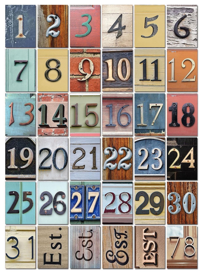 May include: A collage of 36 vintage-style house numbers, each with a unique background and font. The numbers range from 1 to 31, with the last two squares reading "Est." and "78".