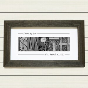 May include: Black and white photo of the last name "SMITH" spelled out using different textures and materials. The letters are arranged horizontally with a dandelion in the middle. The text "Laura & Ben" and "Est. March 4, 2023" are printed below the letters.