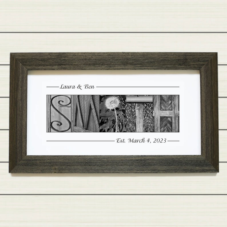 May include: Black and white photo of the last name "SMITH" spelled out using different textures and materials. The letters are arranged horizontally with a dandelion in the middle. The text "Laura & Ben" and "Est. March 4, 2023" are printed below the letters.