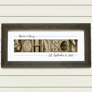 May include: A framed sepia-toned photo with the last name "JOHNSON" spelled out in a unique font using different images. The names "Naomi & Harry" and the date "Est. September 10, 2022" are written in cursive above and below the name.