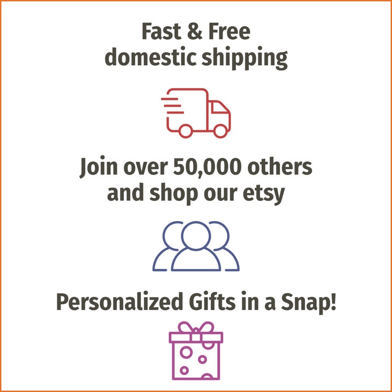May include: Illustration of a delivery truck, a group of people, and a gift box. Text reads "Fast & Free domestic shipping", "Join over 50,000 others and shop our etsy", and "Personalized Gifts in a Snap!"