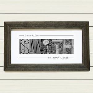 May include: Black and white framed art print with the name "Smith" spelled out using various textures and objects. The names "Laura & Ben" and the date "Est. March 4, 2023" are also included.
