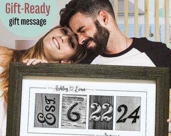 Framed Wedding Date Photo Art Print, Personalized 1st Anniversary Gift for Husband