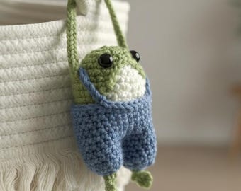 Cute Handmade Crochet Frog Plushie with Blue Overalls, Amigurumi Frog Doll, Cute Animal Toy, Frog Lovers, Froggy Crochet, Knitted Frog