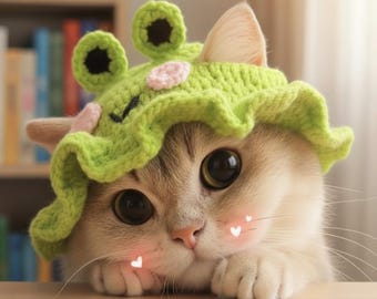 手作りの猫用ニットカエル帽子、ペット用ニットマフラー、かぎ針編みの犬用帽子、かわいいペットアクセサリー、ニットカエルペット服、猫好きへのギフト、犬好きへのギフト