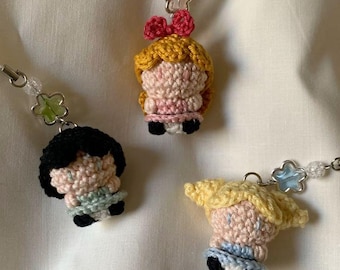 Handmade Crochet Powerpuff Girls Keychain, Y2K Plush Bag Charm