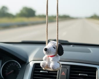 Crochet Snoopy Car Hanging, Cute Puppy Amigurumi Mirror Charm, Plush Dog Car Accessory Gift for Him Her, Car Decor