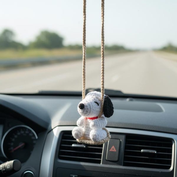 Crochet Snoopy Car Hanging, Cute Puppy Amigurumi Mirror Charm, Plush Dog Car Accessory Gift for Him Her, Car Decor