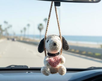 Crochet Snoopy Car Hanging With Heart, Cute Puppy Amigurumi Rearview Mirror Charm, Plush Dog Car Accessory, Valentine Gift for Her