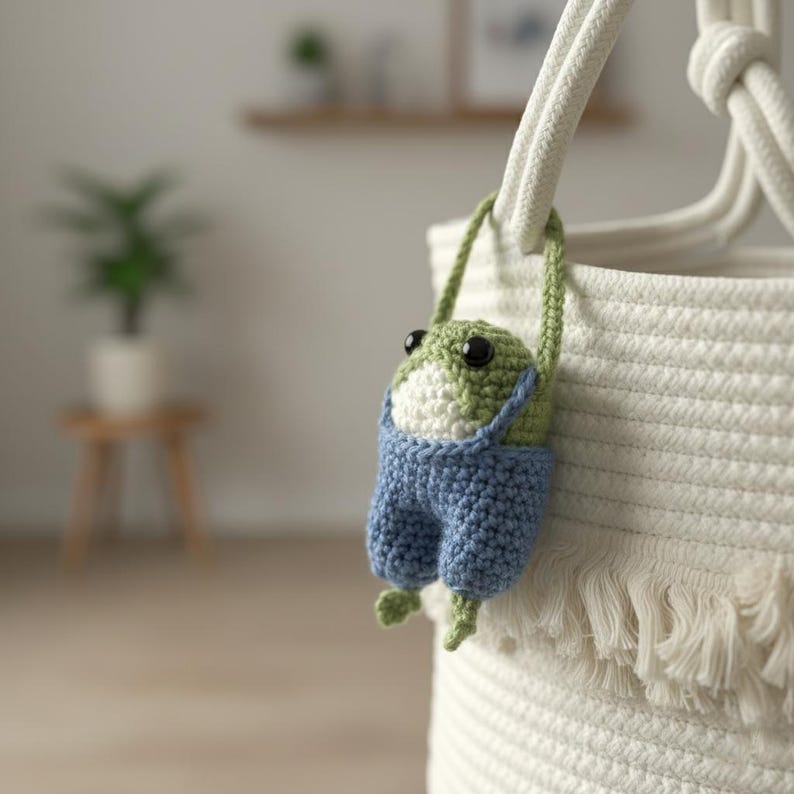 May include: A handmade crochet frog toy in green, white, and blue overalls, hanging from a white rope basket. The frog has large black eyes and is suspended by green straps. The basket has a textured, woven design.