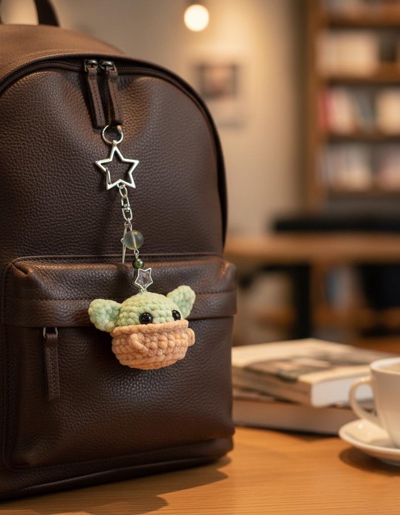 May include: A brown leather backpack with a crocheted charm. The charm is a light green and tan character with a star-shaped metal charm attached to the zipper. The background is blurred, showing a table and a bookshelf.