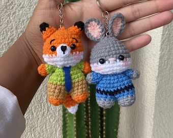 Crochet Zootopia Couple Keychain, Cute Nick And Judy Keychain, Fox Decoration, Bunny Amigurumi, Gifts For Him Her, Valentine Gift