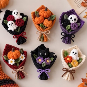 May include: Six small crochet bouquets featuring Halloween themes. The arrangements include crocheted pumpkins, white ghosts, a black bat, skulls, and various flowers in black, orange, purple, red, and cream wrappers tied with twine or yarn bows.
