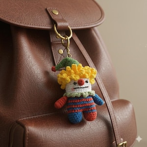 May include: A handmade crochet clown keychain with yellow hair, a red nose, and a green hat. The clown is wearing a blue and red striped outfit. The keychain is attached to a brown leather backpack.