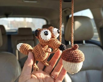Crochet Scrat Squirrel Car Mirror Hanging, Ice Age Acorn Car Ornament, Amigurumi Animal Car Decor, Funny New Car Gift