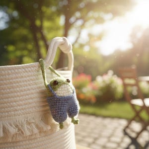 May include: A handmade crochet frog wearing blue overalls, hanging from the handle of a white woven basket. The frog is green and white with brown eyes. The basket has a fringe at the bottom and is set outdoors.