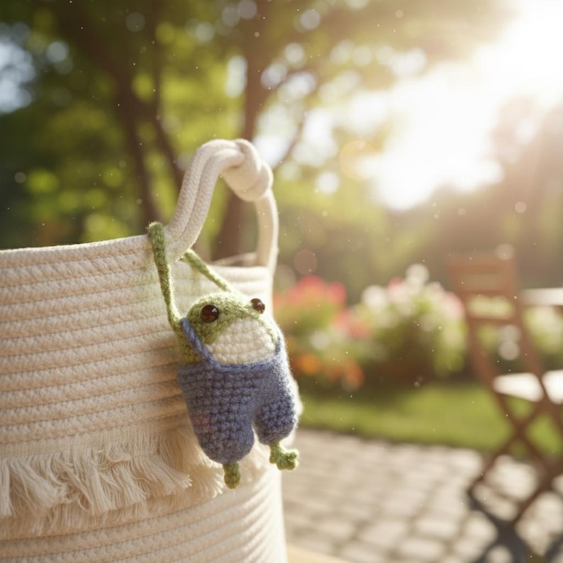 May include: A handmade crochet frog wearing blue overalls, hanging from the handle of a white woven basket. The frog is green and white with brown eyes. The basket has a fringe at the bottom and is set outdoors.