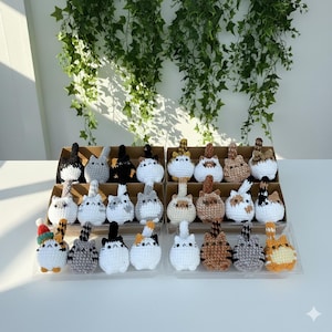 Puede incluir: Una colecci&oacute;n de figuras de gatos de ganchillo hechas a mano en varios colores y patrones. Los gatos se exhiben en un estante escalonado, con una variedad de colores que incluyen blanco, negro, gris, marr&oacute;n y naranja. El fondo presenta plantas verdes colgantes.