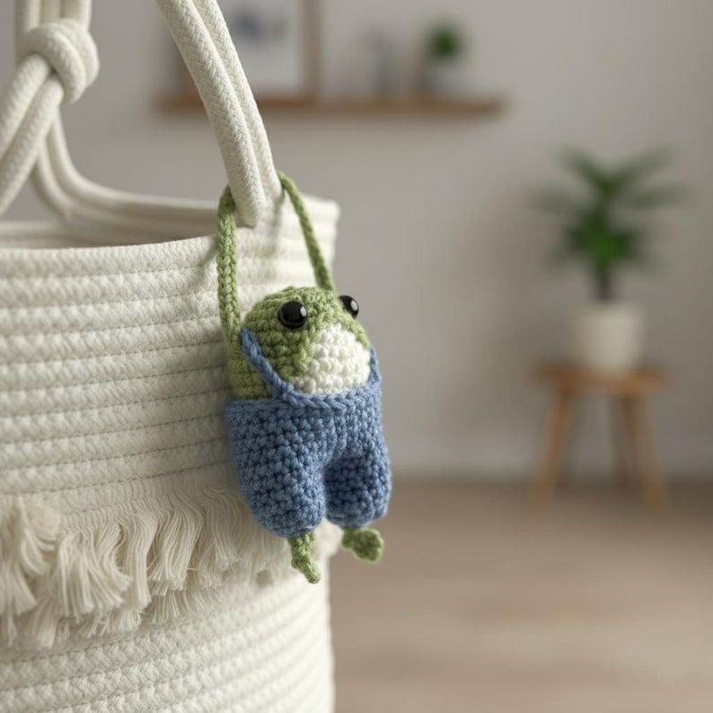 May include: A handmade crochet frog toy with a green and white head, black eyes, and blue overalls. The frog is hanging from a white rope, attached to a white basket with a textured design. The frog's arms and legs are green.