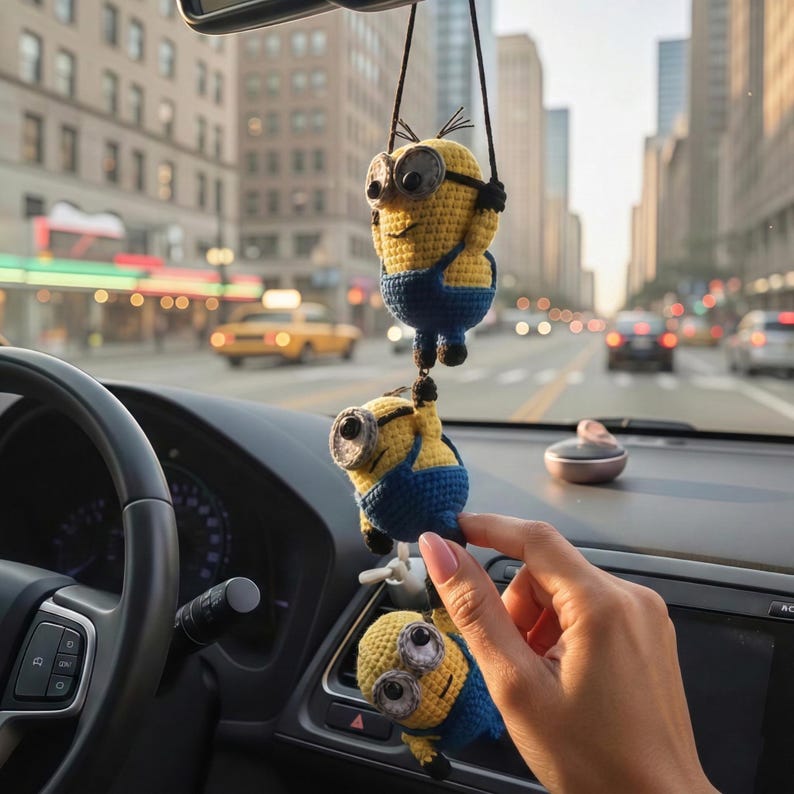 Minions String Funny Triple Minions Crochet Car Mirror Hanging - Handmade Amigurumi ...