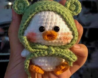 Crochet Duck Wearing Frog Hat, Handmade Rubber Duck Keychain, Kawaii Amigurumi Bag Charm, Gifts for duck lovers