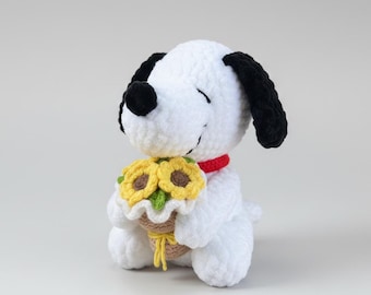 Sunflower Snoopy Crochet Plush – Handmade Amigurumi Dog with Sunflower, Unique Mother’s Day Gift, Soft Crochet Animal Decor, Valentine Gift