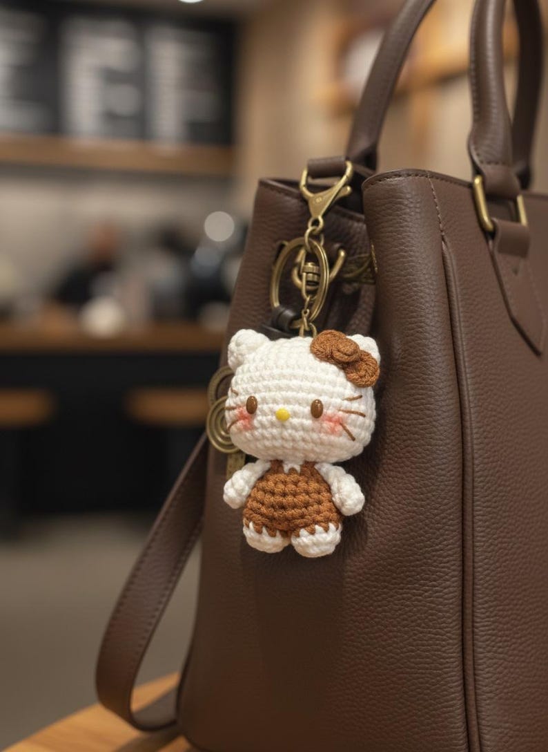 May include: A handmade crochet Hello Kitty keychain in white and brown, hanging from a brown leather handbag. The keychain features a white head with a brown bow, brown overalls, and a yellow nose. The bag has a gold-colored clasp.