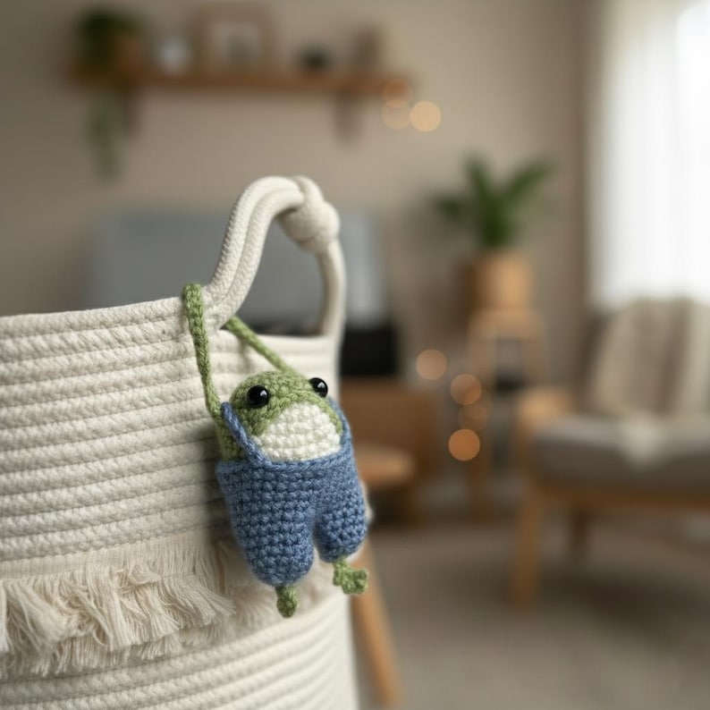 May include: A handmade crochet frog wearing blue overalls, hanging from a white rope basket handle. The frog has a green head, white belly, and black eyes. The basket is made of woven white rope.