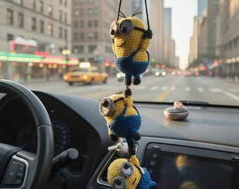Funny Triple Minions Crochet Car Mirror Hanging - Handmade Amigurumi Character Charm, Gift for Him Her, Car Decor