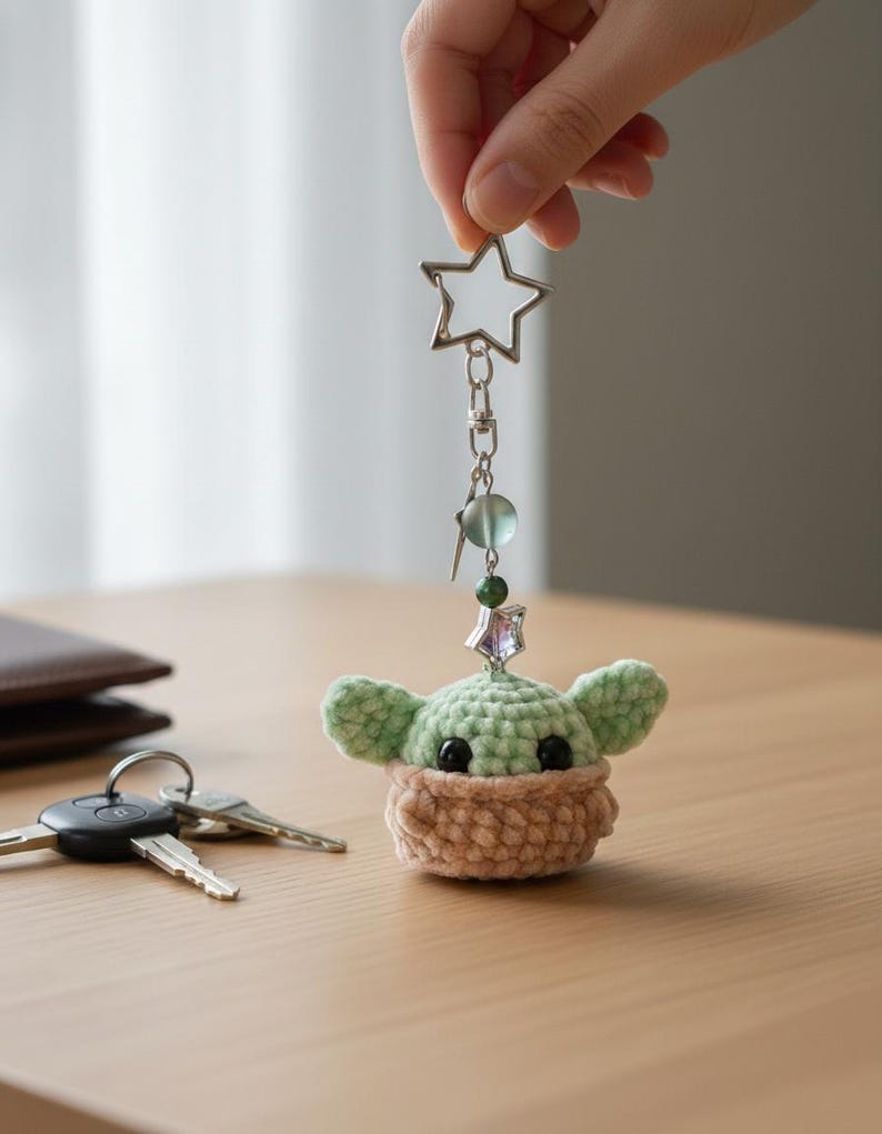 May include: A handmade crochet keychain featuring a green and beige character with large black eyes and large ears. The keychain has a silver star-shaped clasp and decorative beads. The keychain is on a wooden surface.