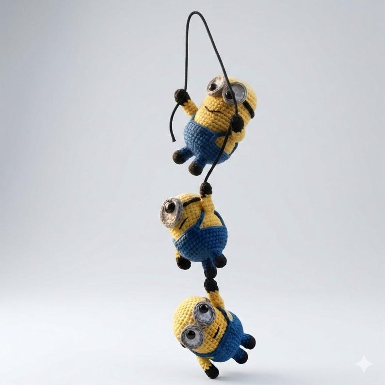 Minions String Funny Triple Minions Crochet Car Mirror Hanging - Handmade Amigurumi ...