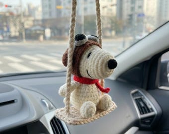 Crochet Snoopy Car Hanging, Cute Pilot Snoop Dog Amigurumi Mirror Charm, Plush Dog Car Accessory Gift for Him Her, Car Decor