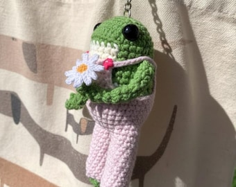 Cute Handmade Crochet Frog Plushie with Pink Overalls And Daisy, Amigurumi Frog, Adore Animal Toy, Frog Lovers, Froggy Crochet, Knitted Frog