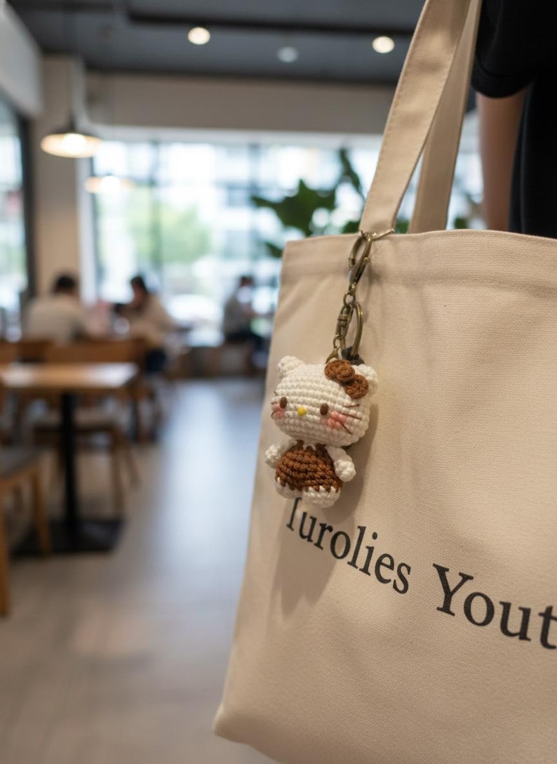 May include: A crocheted Hello Kitty keychain with a brown bow and dress, attached to a beige tote bag. The bag has the text "Turolies Youth" printed on it. The background shows a blurred cafe setting.