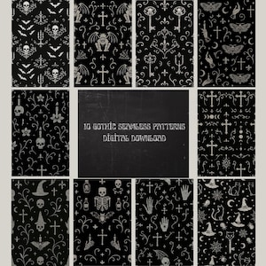 Könnte beinhalten: Eine Sammlung von zehn nahtlosen Gothic-Mustern in Schwarz und Weiß. Die Muster zeigen Totenköpfe, Fledermäuse, Kreuze, Schlüssel und andere gruselige Elemente. Der Text "10 Gothic Seamless Patterns Digital Download" wird auf einer Tafel angezeigt.