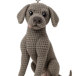 May include: A grey crocheted dog ornament with a metal ring for hanging. The dog is in a seated position, with its front paws extended. It has black eyes and a pink tongue. The crochet work is detailed and textured. The dog is approximately 25 cm tall.